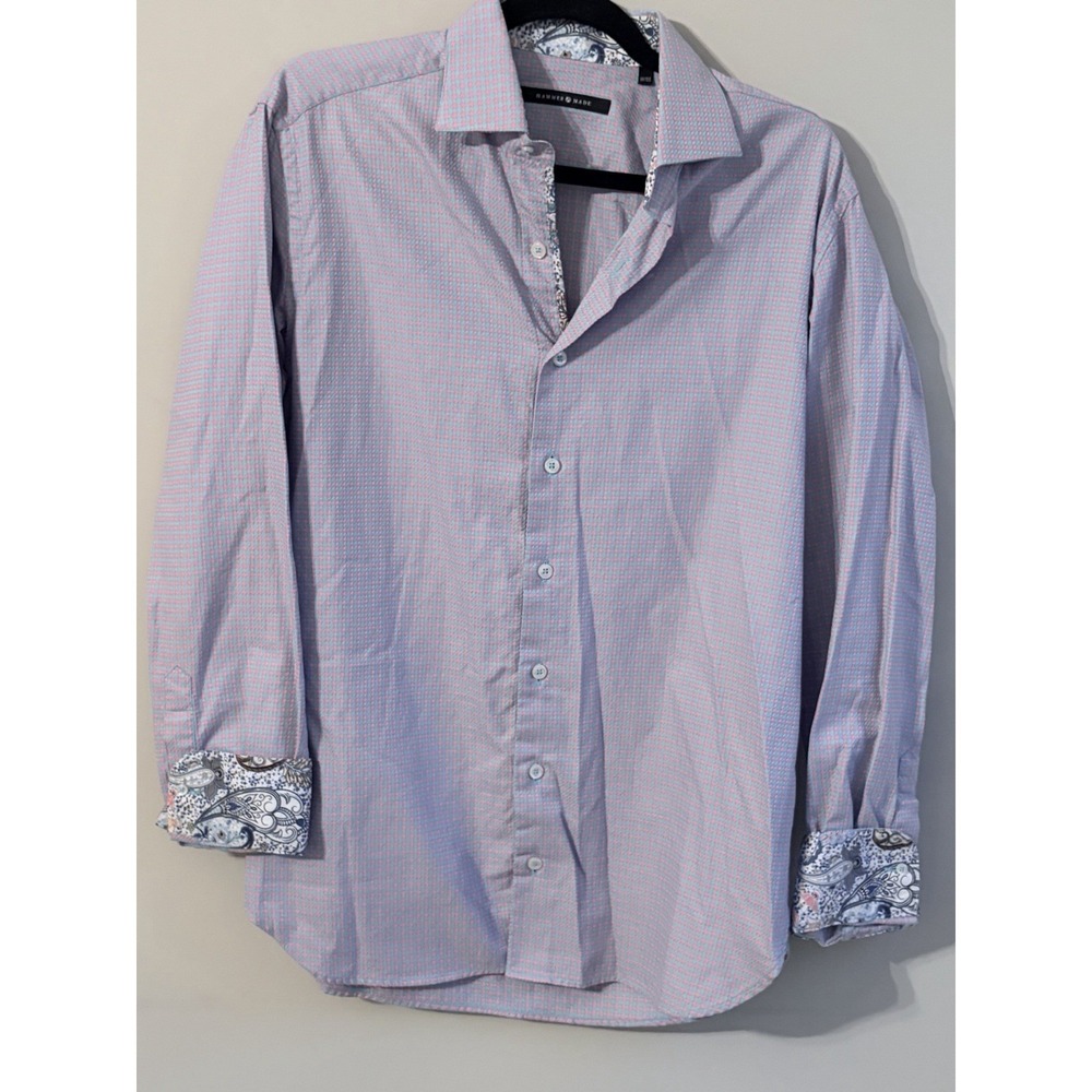 Hammer Made Mens Dress Shirt M 15.5 Pink Blue Check Contrast Paisley Cuffs
